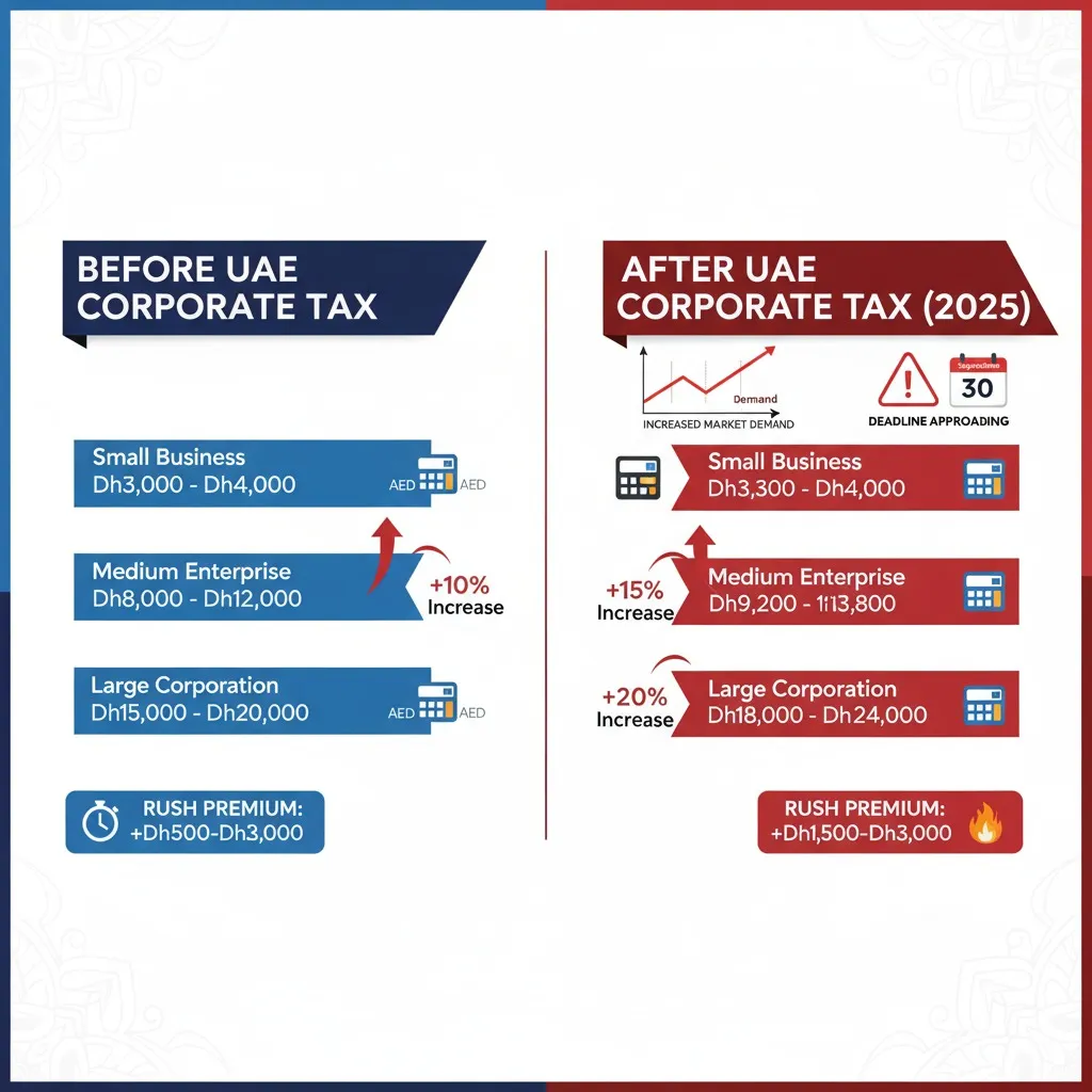 Chart showing UAE auditor fee increases of 10-20% for corporate tax compliance services