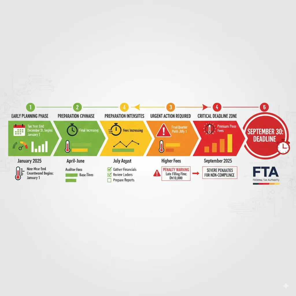 Timeline showing UAE corporate tax compliance deadlines and pressure points for businesses