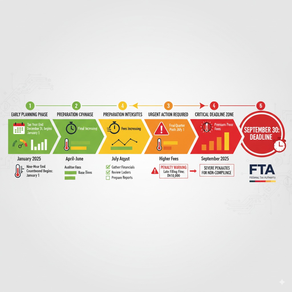 Timeline showing UAE corporate tax compliance deadlines and pressure points for businesses