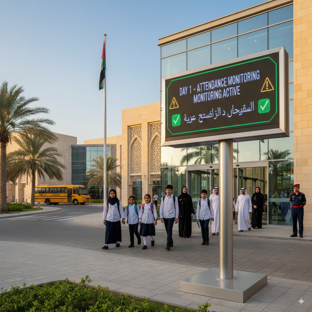 UAE school entrance with digital attendance monitoring system and students arriving for classes
