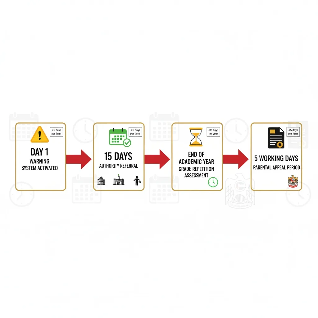 UAE student attendance policy escalation flowchart showing warning stages and consequences