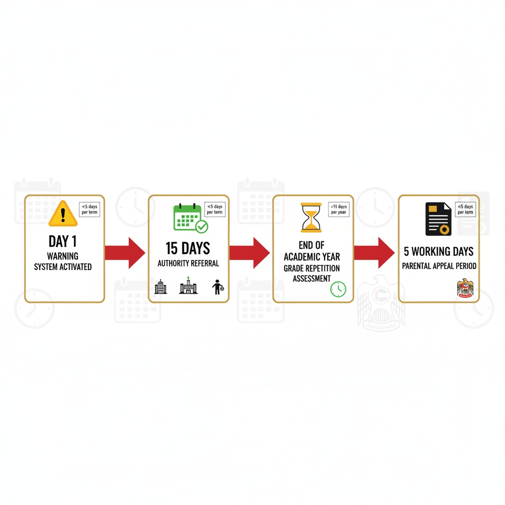 UAE student attendance policy escalation flowchart showing warning stages and consequences
