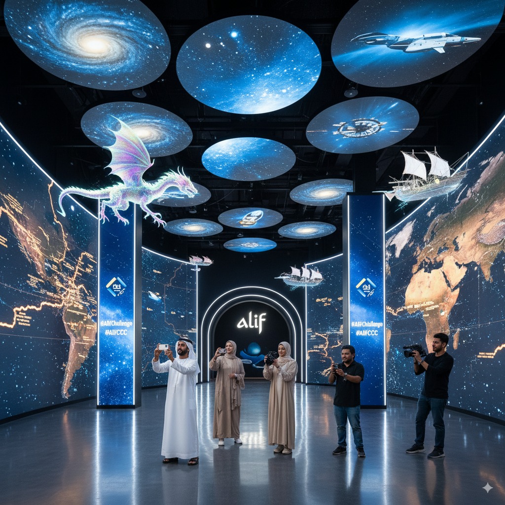 Content creators filming inside Alif's immersive experience at Expo City Dubai during the #AlifChallenge competition