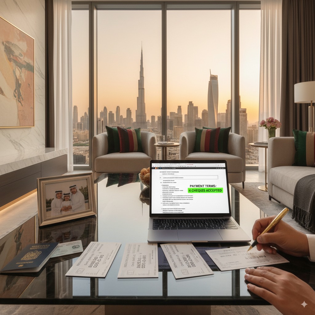 Dubai apartment rental payment scene showing four quarterly cheques with Dubai skyline background