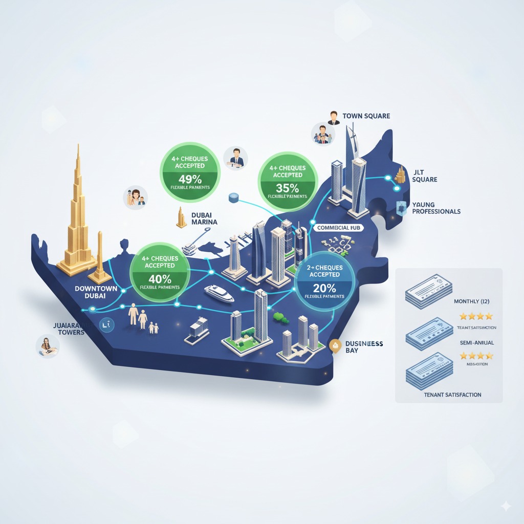 Interactive Dubai rental map showing areas with flexible payment options and tenant-friendly policies