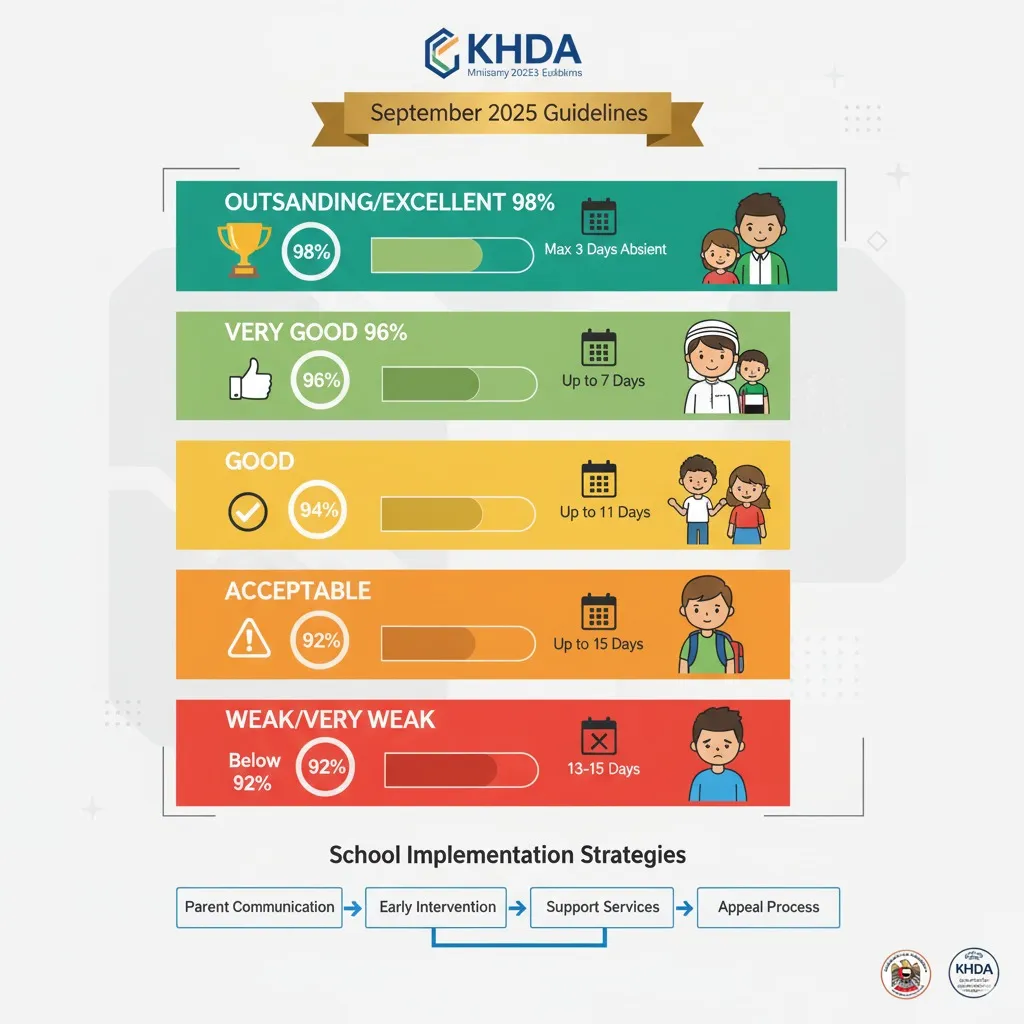 KHDA attendance standards chart showing performance bands from outstanding to weak with implementation strategies