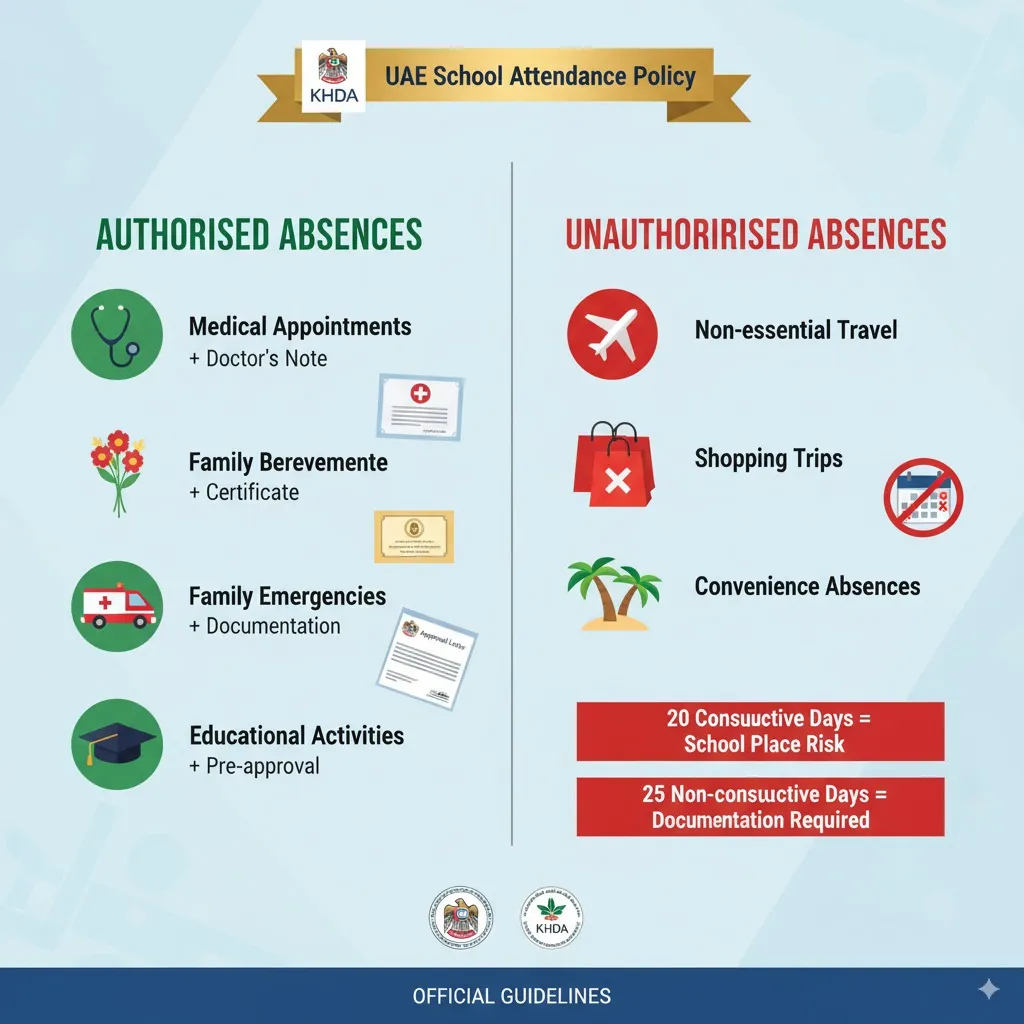 Visual comparison of authorised versus unauthorised school absences with documentation requirements for UAE private schools