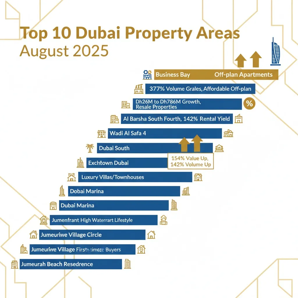 Infographic showing top 10 Dubai property hotspots with growth percentages for August 2025
