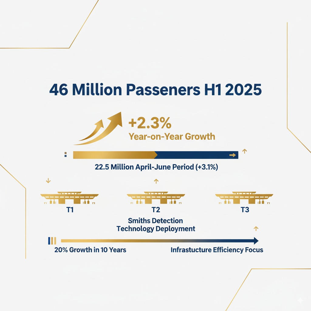 Dubai International Airport passenger growth statistics showing 46 million travelers in first half of 2025