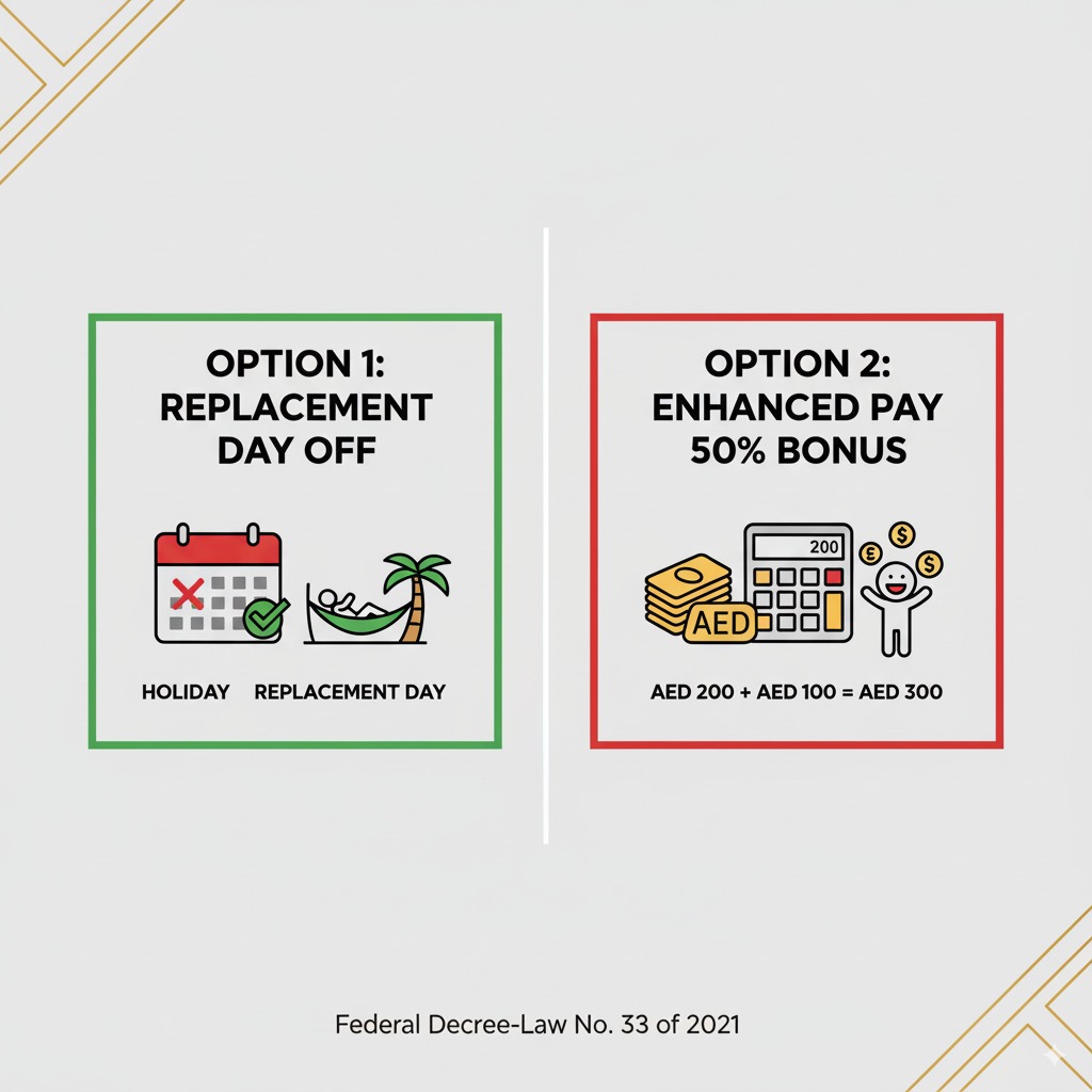 UAE labour law compensation options showing replacement day off versus 50% pay bonus for public holiday work