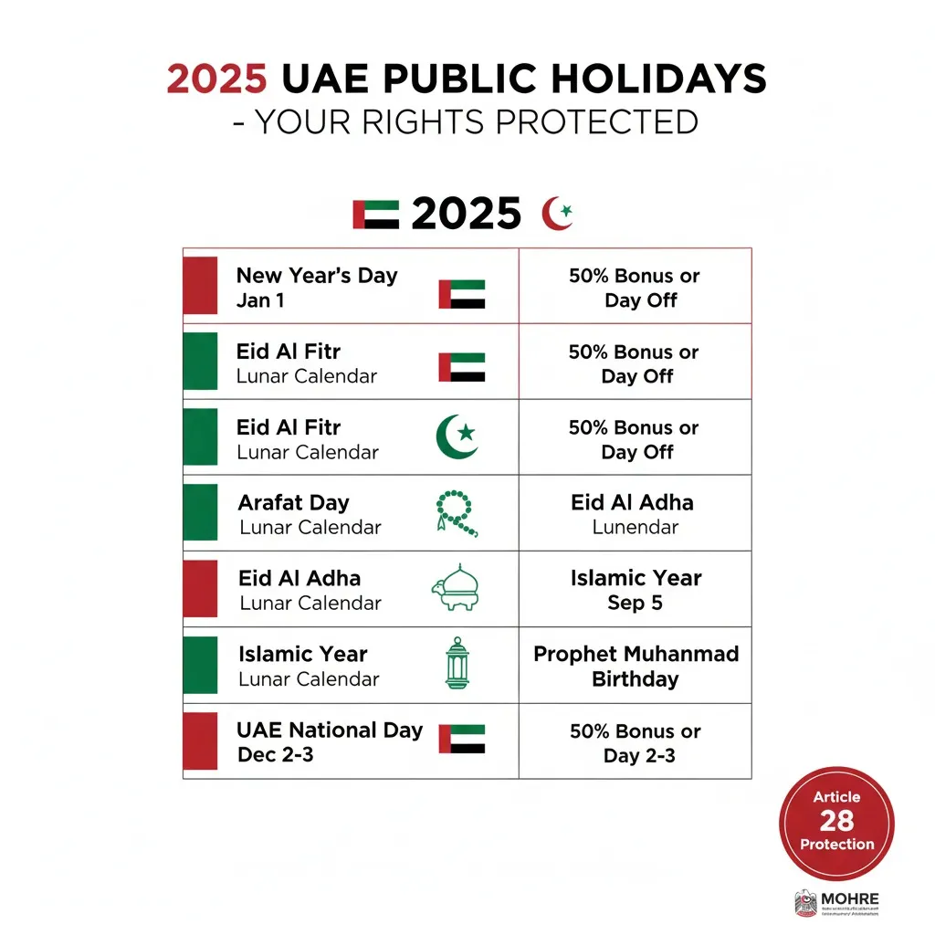 Complete 2025 UAE public holidays calendar showing compensation rights for workers