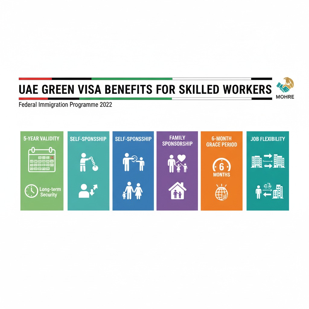 UAE Green Visa benefits infographic showing five key advantages for skilled workers