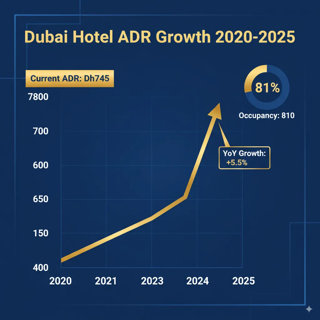 Dubai hotel ADR growth chart showing 5.5% increase to Dh745 in 2025