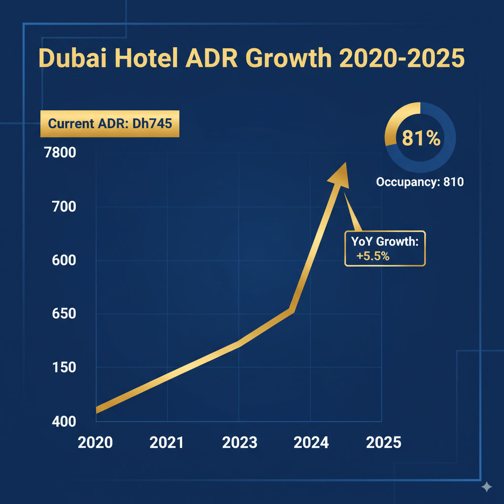 Dubai hotel ADR growth chart showing 5.5% increase to Dh745 in 2025