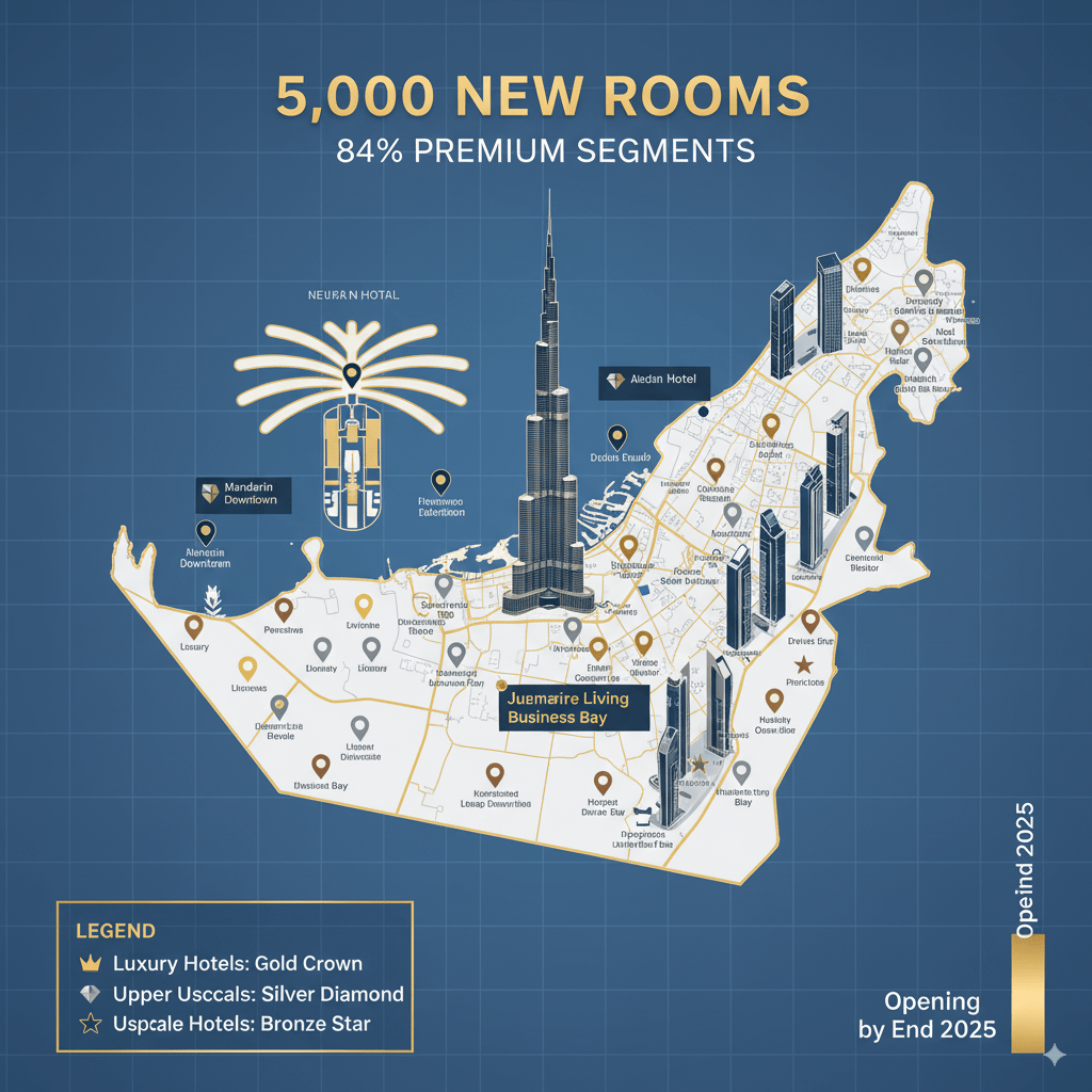 Dubai hotel expansion map showing 5,000 new rooms across 19 hotels in 2025
