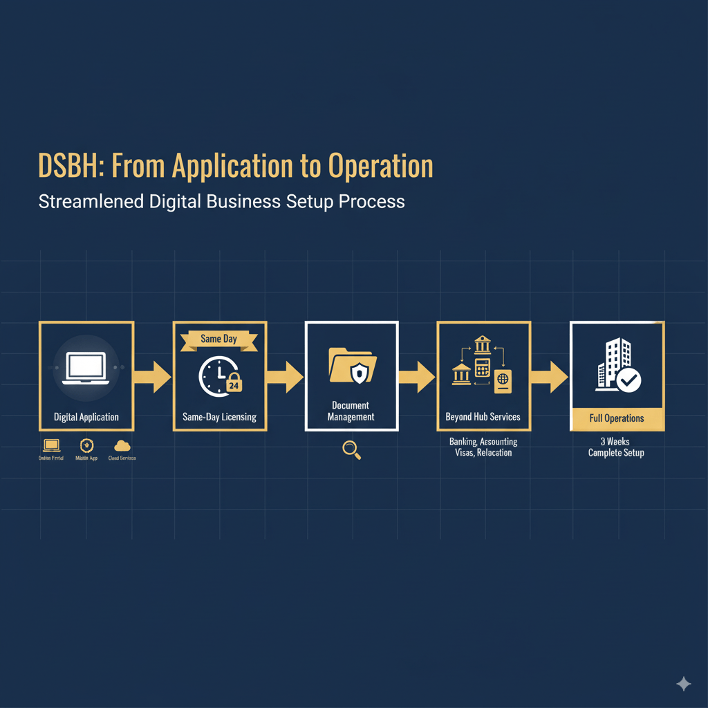 Dubai South Business Hub process flow diagram showing same-day licensing steps
