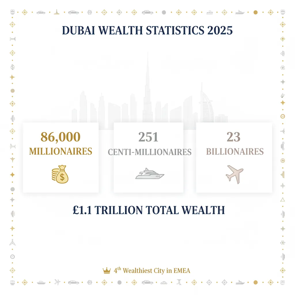 Dubai wealth statistics showing 86,000 millionaires and total wealth of £1.1 trillion