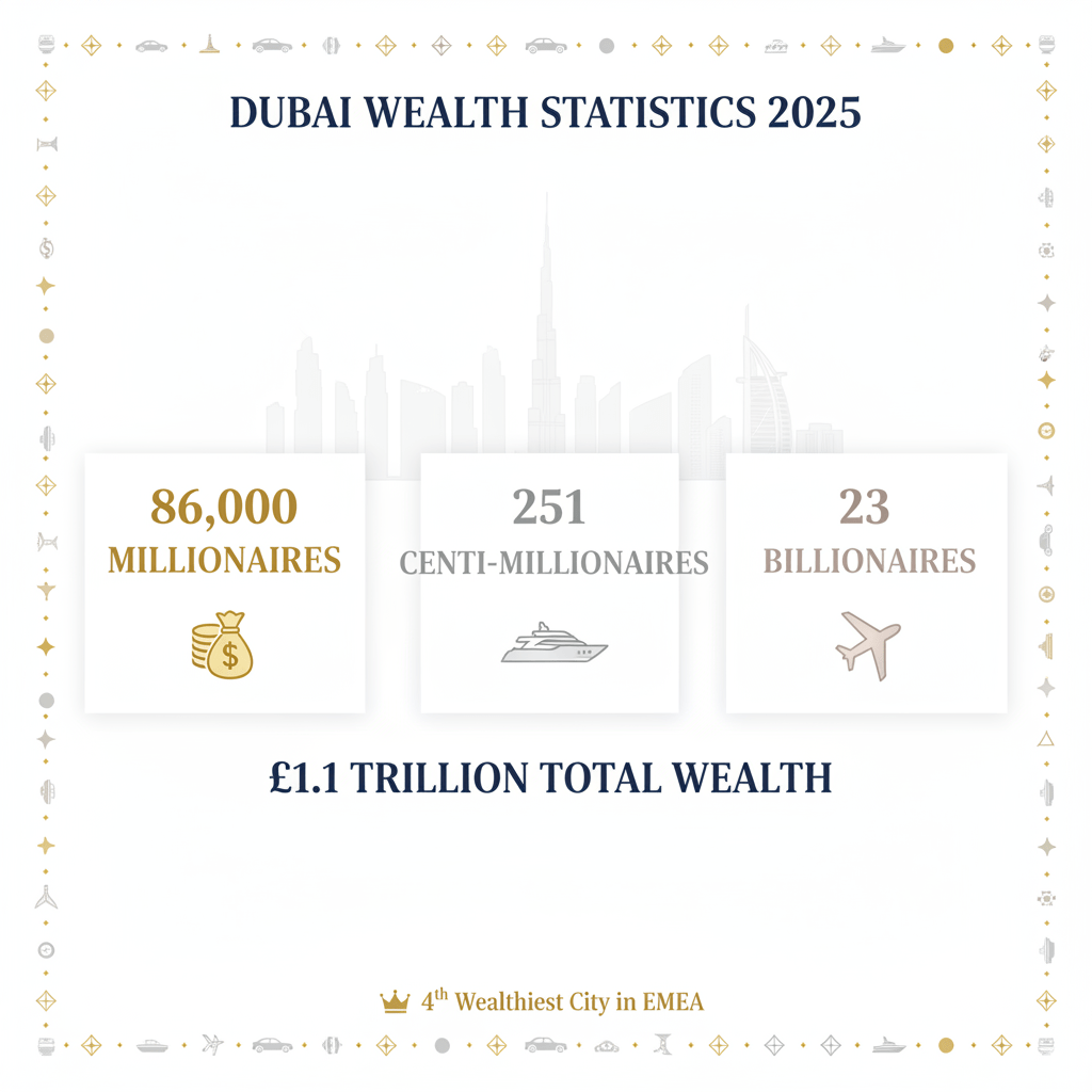 Dubai wealth statistics showing 86,000 millionaires and total wealth of £1.1 trillion