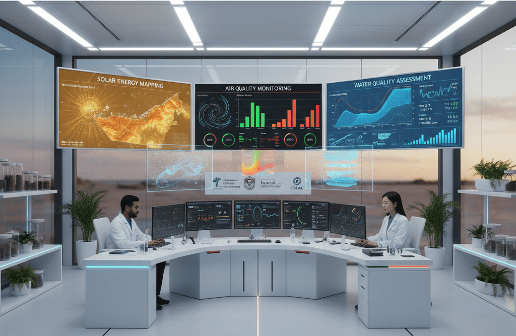 Futuristic AI environmental monitoring laboratory with solar mapping and air quality systems
