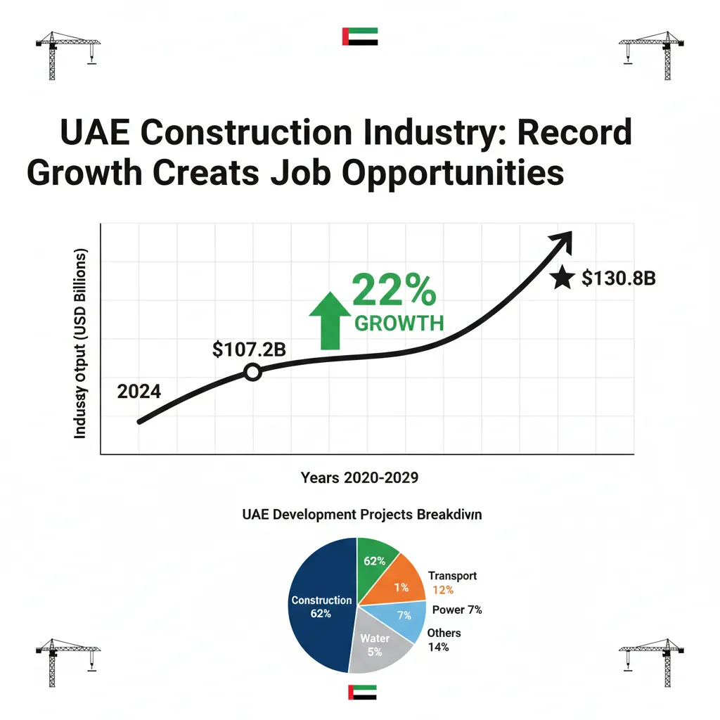 UAE construction industry growth chart showing surge from $107B in 2024 to $130.8B by 2029