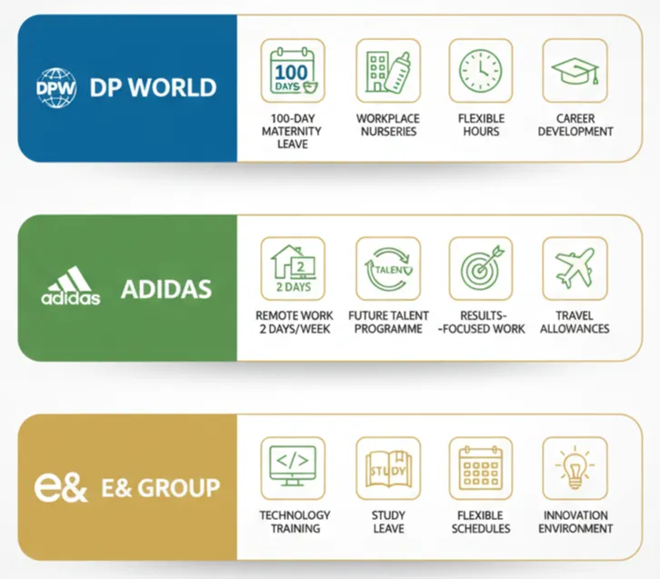 Comparison of UAE company benefits showing DP World, Adidas, and e& Group family-friendly policies and flexible work arrangements