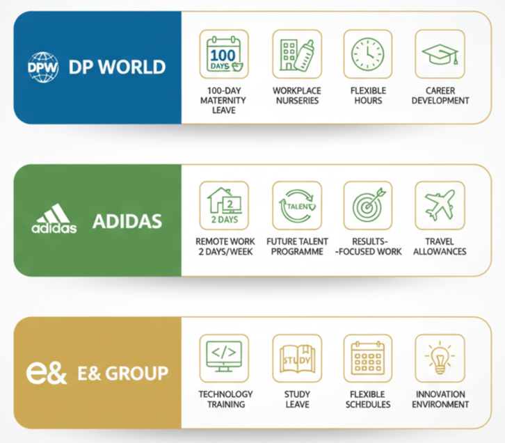 Comparison of UAE company benefits showing DP World, Adidas, and e& Group family-friendly policies and flexible work arrangements