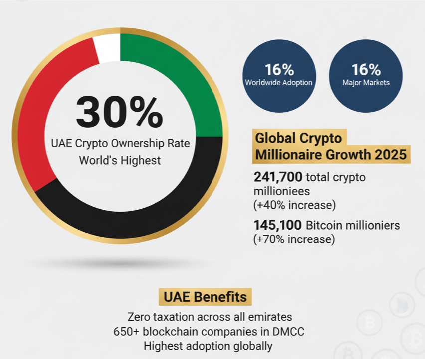 UAE cryptocurrency adoption rate of 30% compared to global averages and crypto millionaire statistics