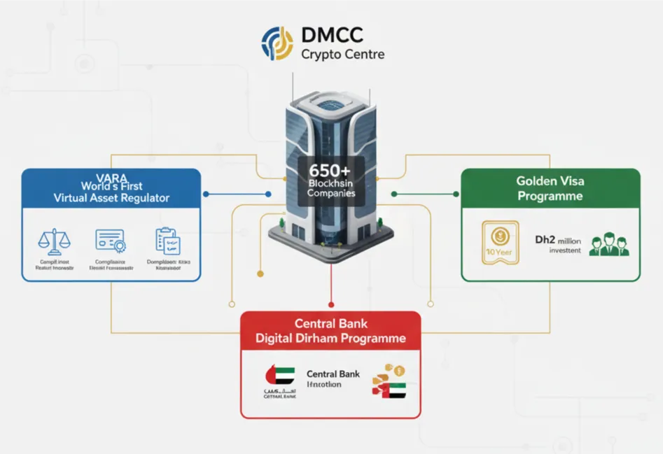 DMCC Crypto Centre housing 650+ blockchain companies with VARA regulatory framework and Golden Visa programme