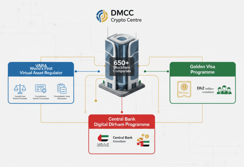 DMCC Crypto Centre housing 650+ blockchain companies with VARA regulatory framework and Golden Visa programme