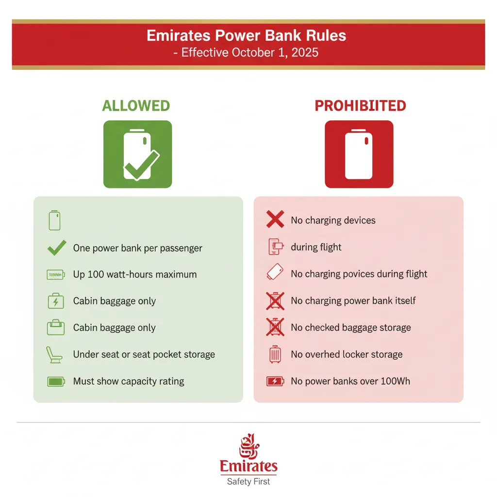 Emirates power bank rules infographic showing what's allowed and prohibited from October 1, 2025