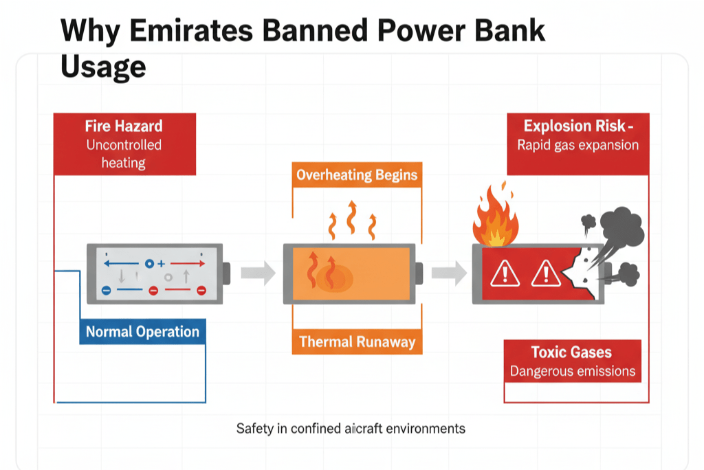 Diagram explaining thermal runaway risks in lithium-ion batteries and why power banks are restricted during flights
