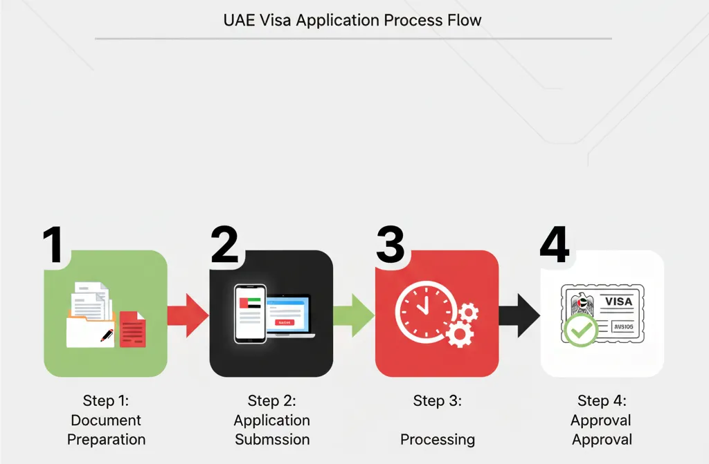 UAE entry permit application process flow chart showing steps from document preparation to approval