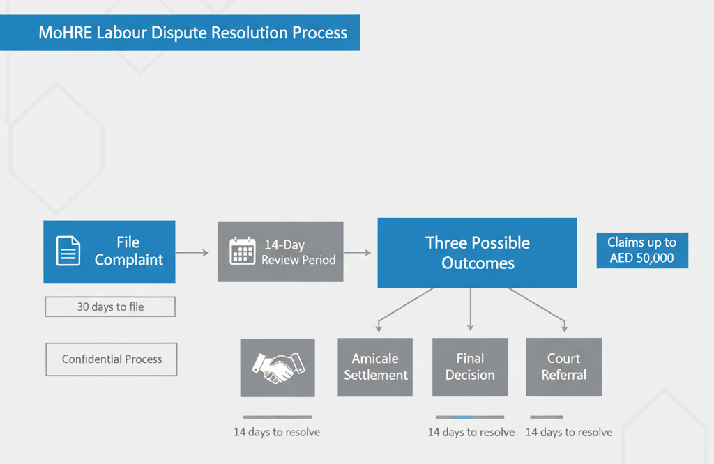 MoHRE 14-day labour complaint resolution process flowchart showing three possible outcomes