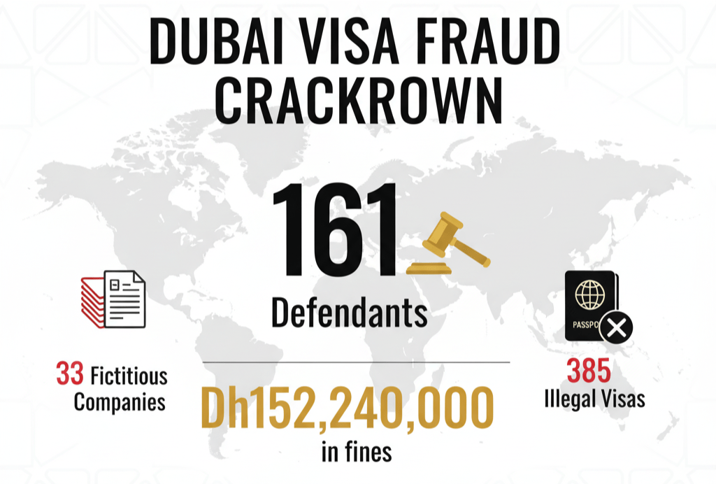 Dubai visa fraud enforcement statistics showing 161 defendants fined Dh152 million