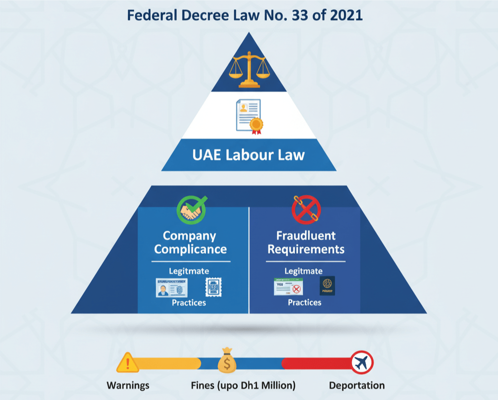 UAE legal framework showing escalating penalties for employment and visa violations