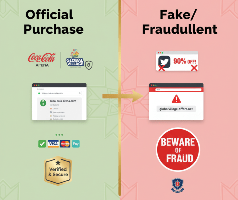 Global Village ticket security guide showing official vs fraudulent sales channels