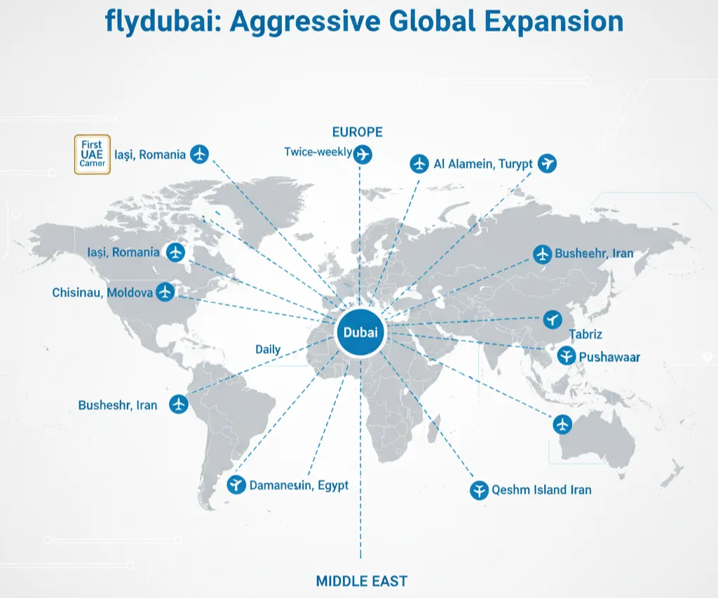 flydubai 2025 expansion map showing 9 new destinations across three continents