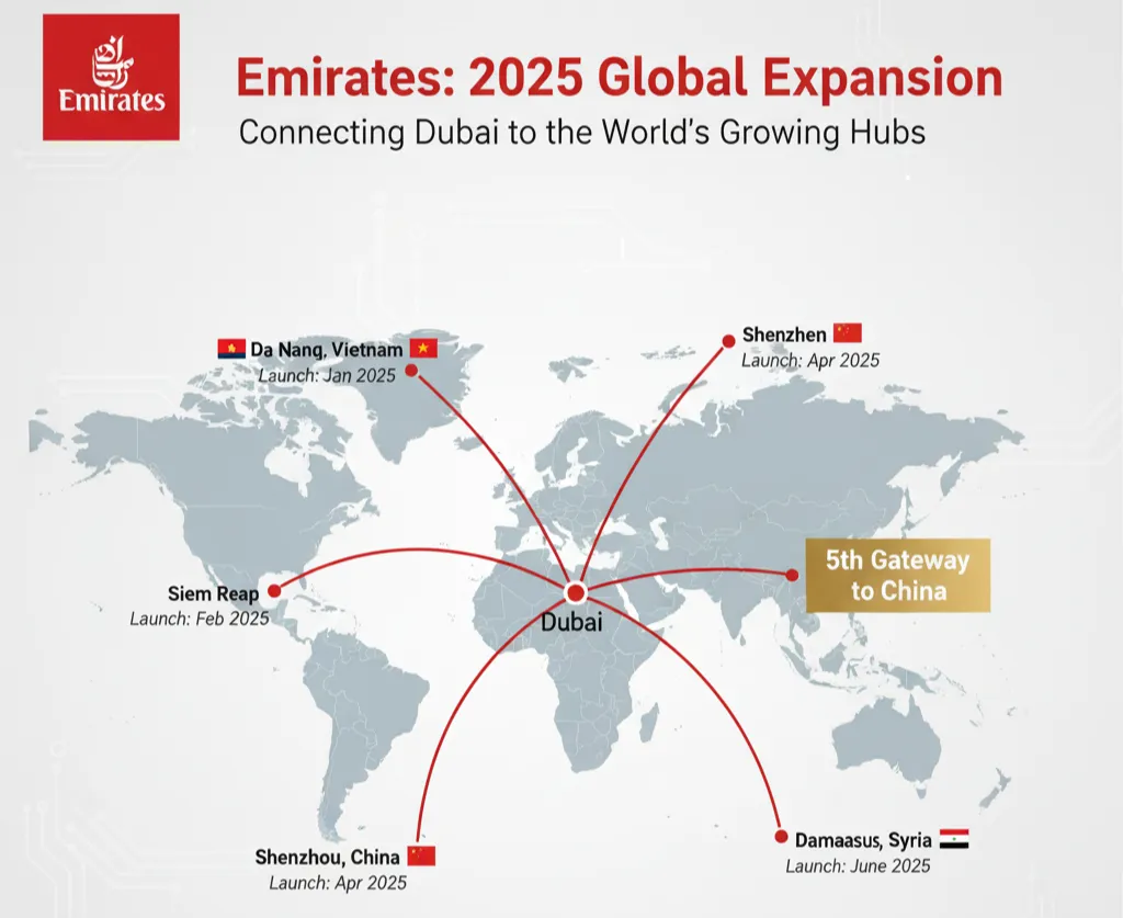 Emirates 2025 new destinations map showing 5 Asian routes from Dubai hub