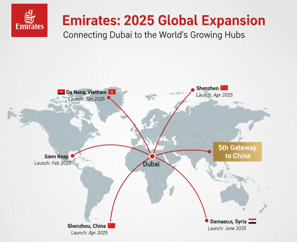 Emirates 2025 new destinations map showing 5 Asian routes from Dubai hub
