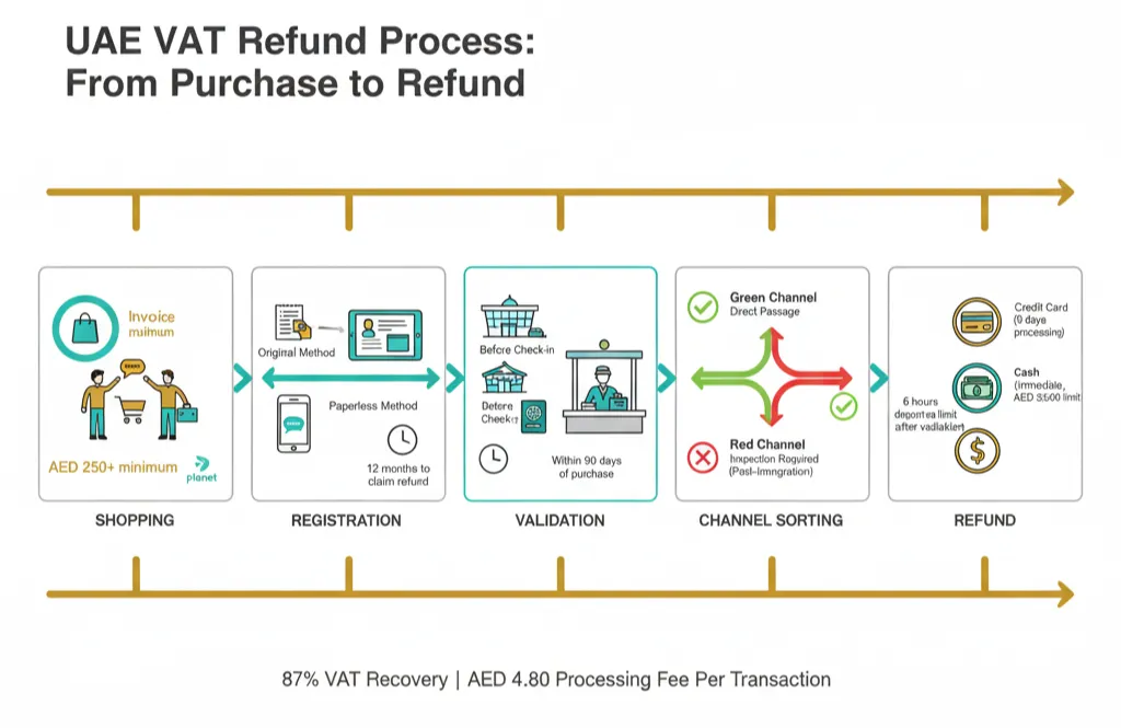 Complete UAE VAT refund process flowchart for tourists showing five stages from shopping to receiving refund