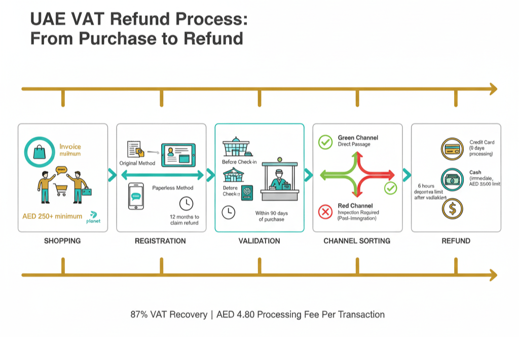 Complete UAE VAT refund process flowchart for tourists showing five stages from shopping to receiving refund