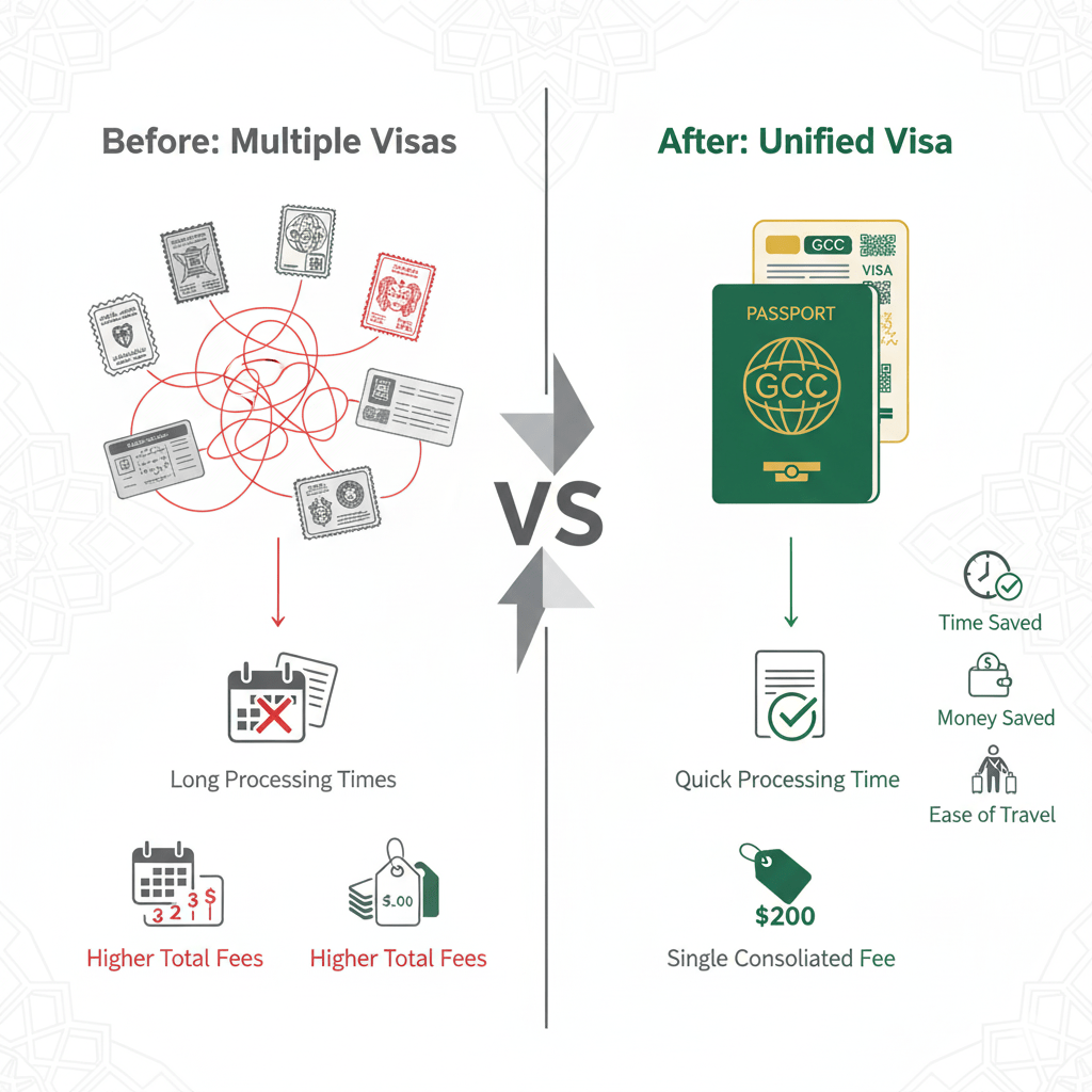 Comparison of old multiple-visa system versus new GCC unified tourist visa showing simplified process and reduced complexity
