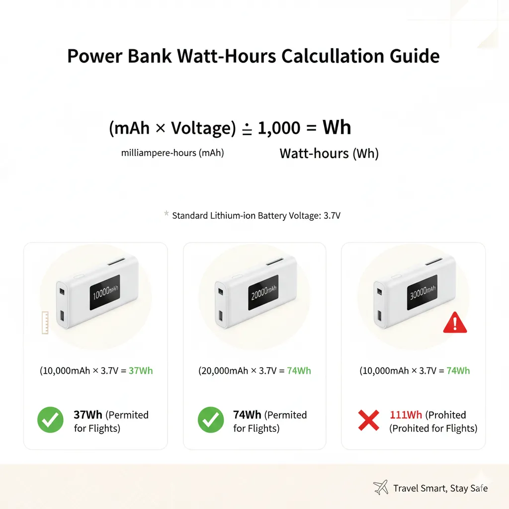 Power bank capacity calculator showing how to convert mAh to Wh with examples: 10,000mAh and 20,000mAh permitted, 30,000mAh prohibited on Emirates