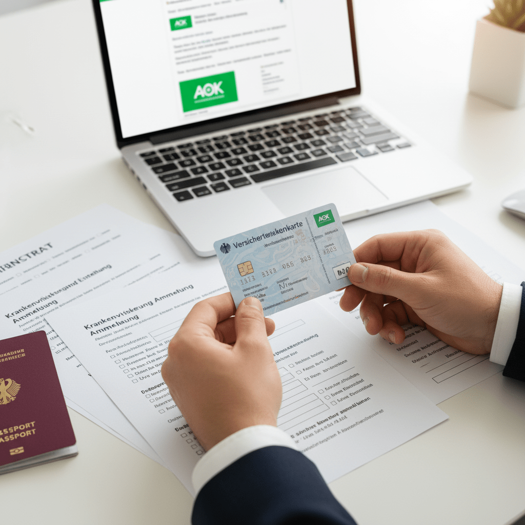 German health insurance card (Versichertenkarte) with registration documents for expats relocating to Munich
