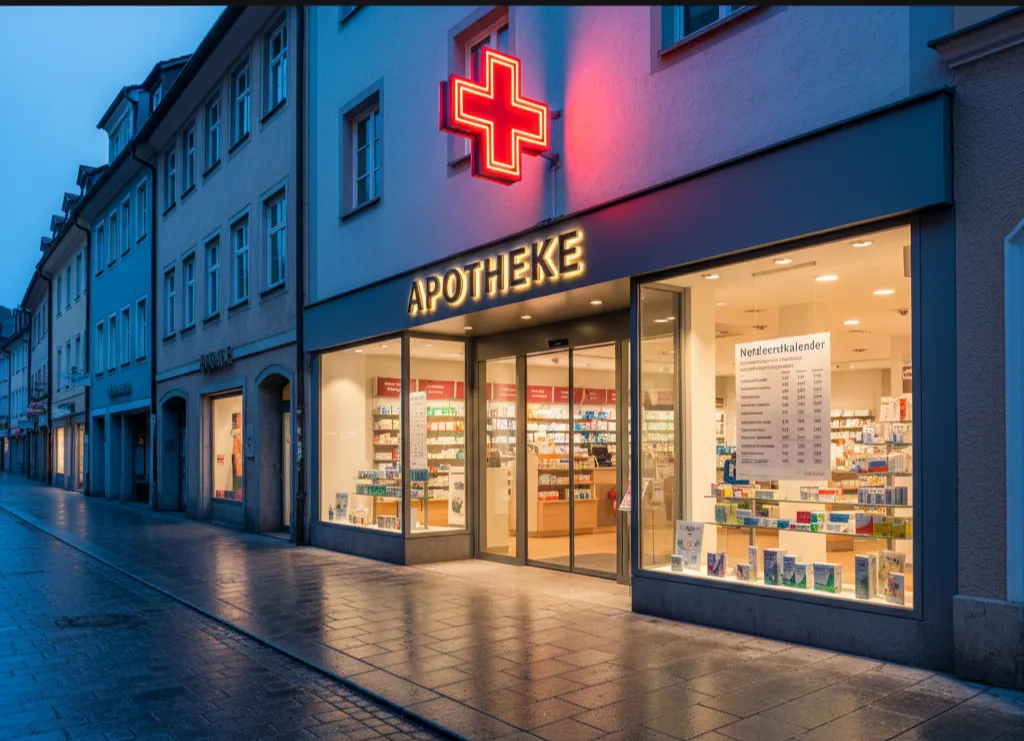 German Apotheke pharmacy in Munich with illuminated red cross sign for 24-hour emergency service
