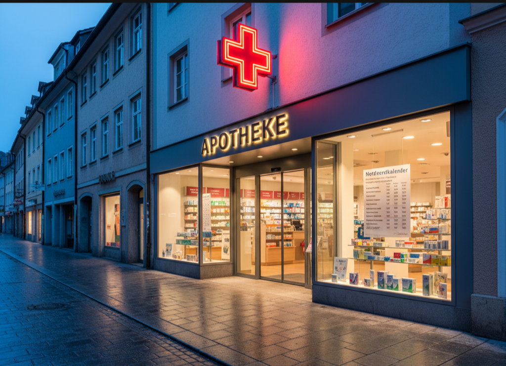 German Apotheke pharmacy in Munich with illuminated red cross sign for 24-hour emergency service
