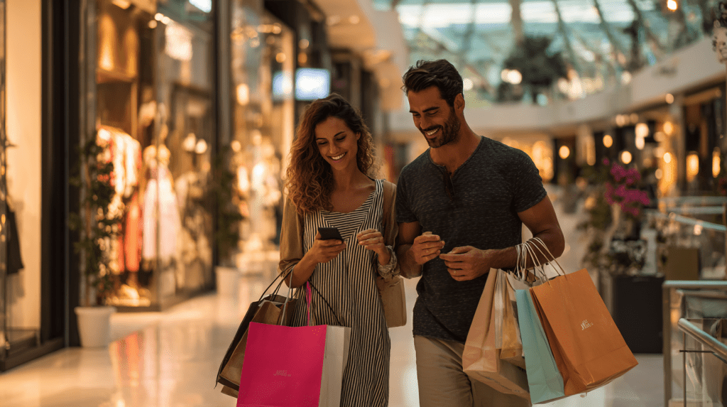 Tourists using digital VAT refund system while shopping in Dubai luxury mall