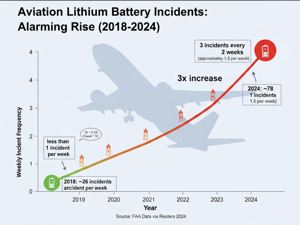 Graph showing aviation lithium battery incidents tripled from 2018 to 2024: less than 1 per week to 3 every 2 weeks globally