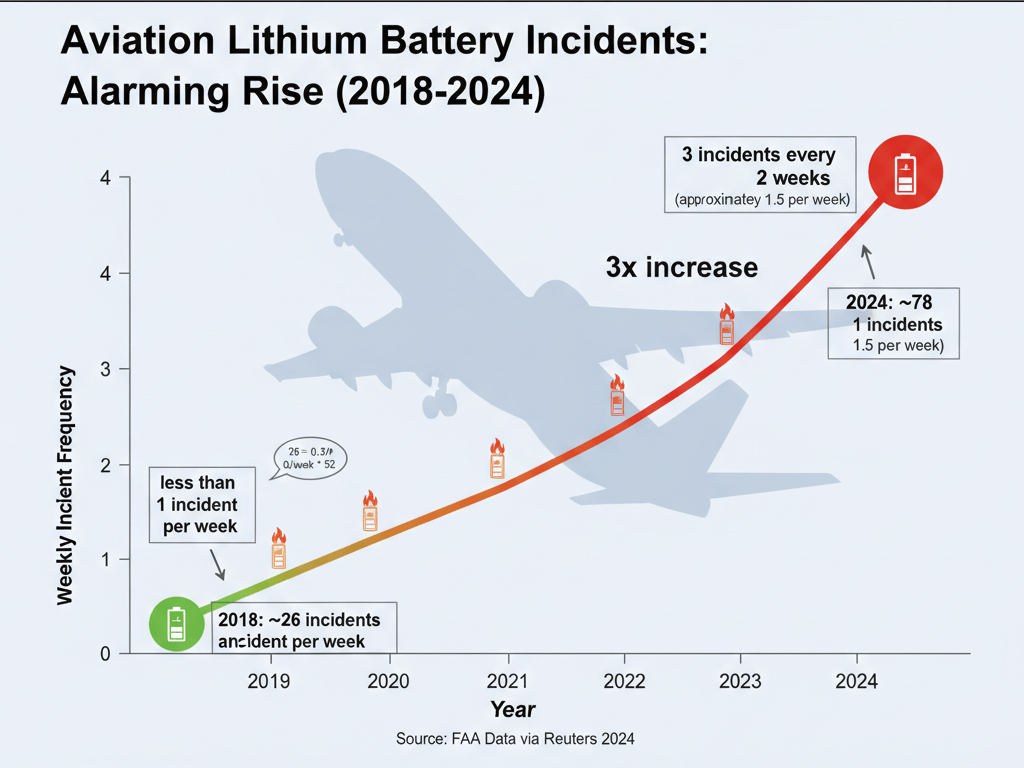 Graph showing aviation lithium battery incidents tripled from 2018 to 2024: less than 1 per week to 3 every 2 weeks globally