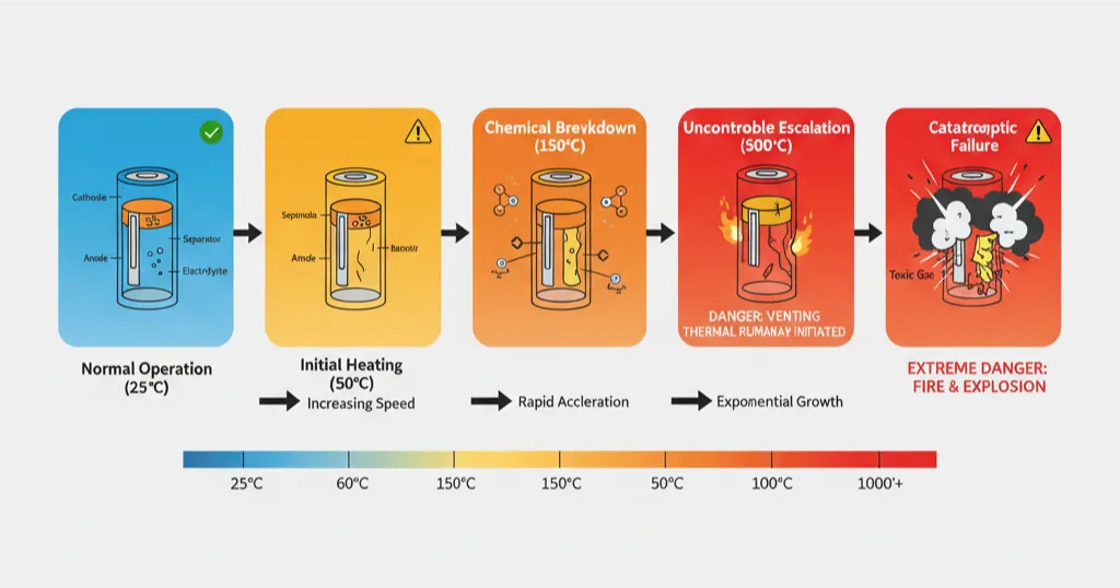 Five-stage thermal runaway diagram showing lithium battery heating from 25°C normal operation to 1000°C+ catastrophic failure with fire and explosion
